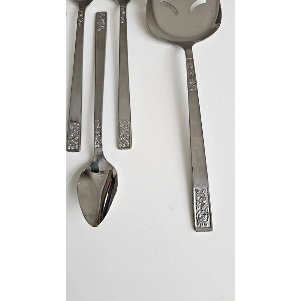 Customcraft Set of 6 Iced Tea Spoons & Pie Server Stainless Flatware Floral